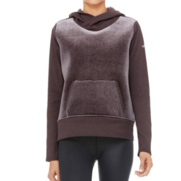 ALO Yoga Tops - ALO Luxe Velour Long Sleeve Top Hoodie in Raisin